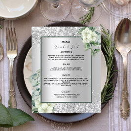 Silver White Florals Budget Hochzeitsmenü Flyer