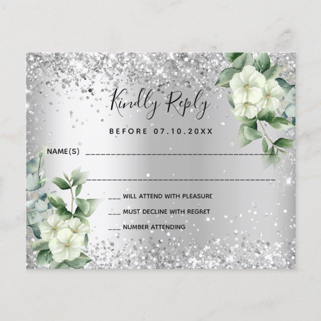 Silver white florals eucalyptus wedding RSVP Karte (Vorderseite)