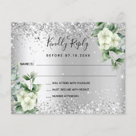 Silver white florals eucalyptus wedding RSVP Karte