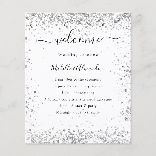 Silver white Glitzer Budget Hochzeitsprogramm (Vorne)