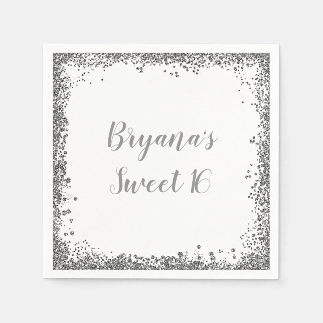 Silver White Glitzer Glam Edge Sweet 16 Party Serviette (Vorderseite)