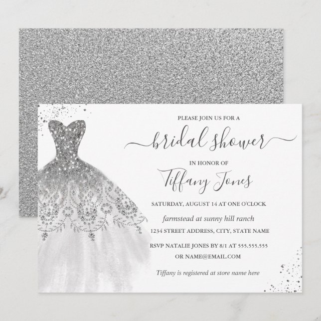 Silver White Glitzer Wedding Dress Brautparty Einladung (Vorne/Hinten)
