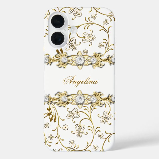 Silver White Gold Diamond Jewel Floral iPhone 16 Hülle (Rückseite)