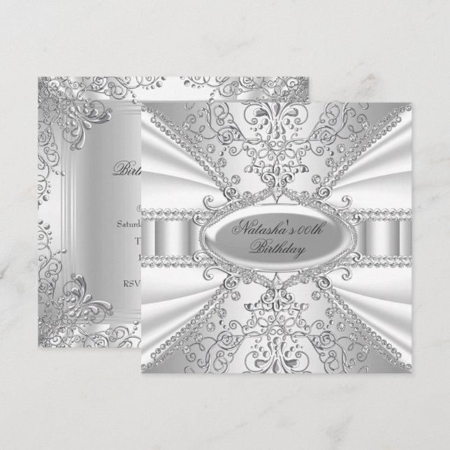 Silver & White Jewel Damask Geburtstag Einladung (Vorne/Hinten)