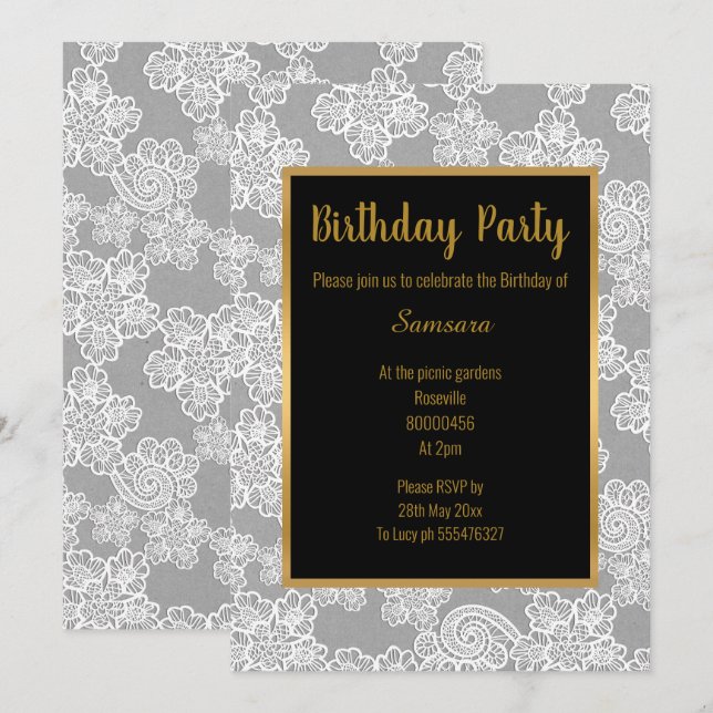 SILVER WHITE LACE GOLD JEDEN ANLASS GEBURTSTAG EINLADUNG (Vorne/Hinten)