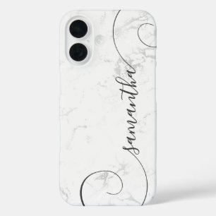 Silver White Marble Curly Signature iPhone 16 Hülle