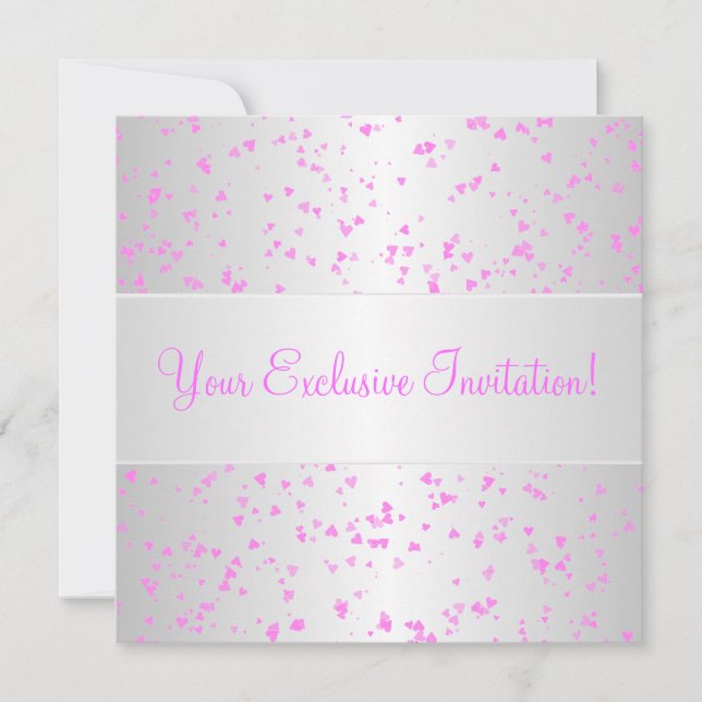 Silver White Pink Hearts Confetti Event Party Einladung (Vorderseite)
