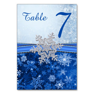 Silver White Snowflake auf Blue Tischnummer Card