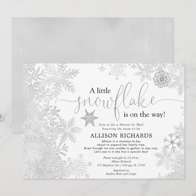 Silver White Snowflake Dusche von Mail Baby Dusche Einladung (Vorne/Hinten)