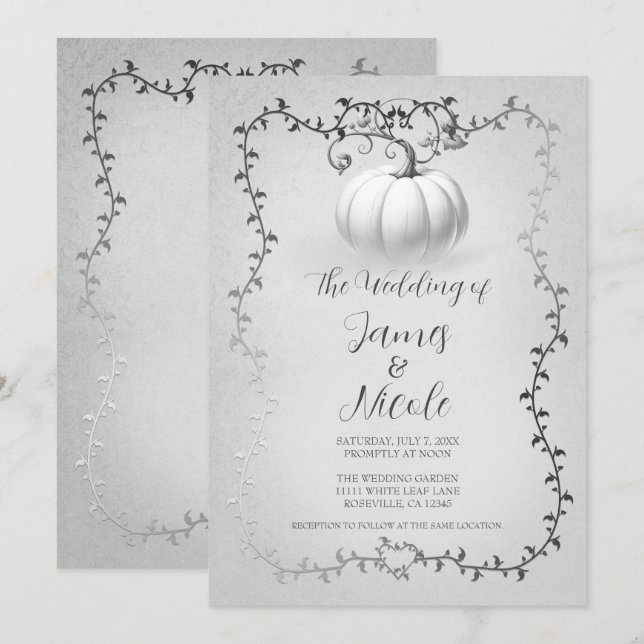 Silver & White Storybook Pumpkin Wedding Einladung (Vorne/Hinten)