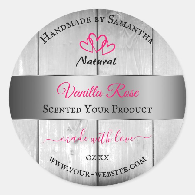 Silver White Wood Grain Product Labels Pink Hearts Runder Aufkleber (Vorderseite)