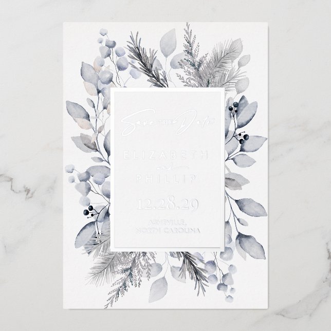 Silver Winter Botanischer Urlaub Save the Date Folieneinladung (Vorderseite)