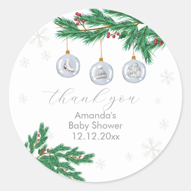 Silver Winter Clothesline Ornaments Baby Shower  Runder Aufkleber (Vorderseite)