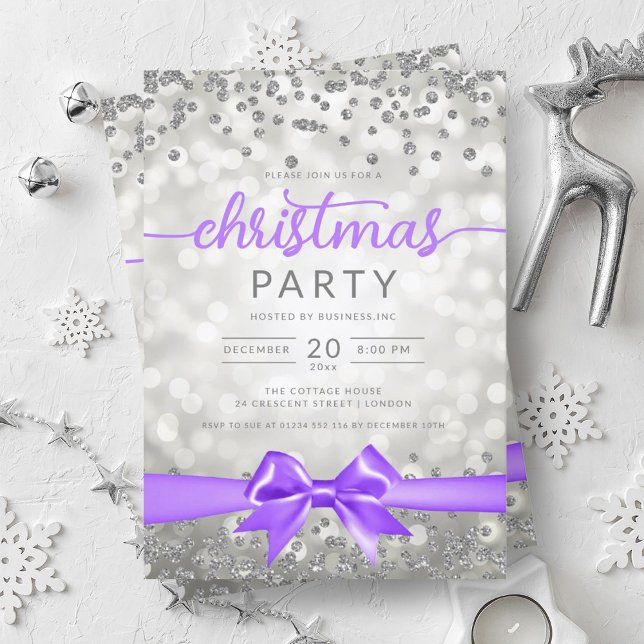 Silver Winter Glam Company Xmas Lila Ribbon Einladung (Silver Winter Glam Company Xmas Purple Ribbon Invitation)