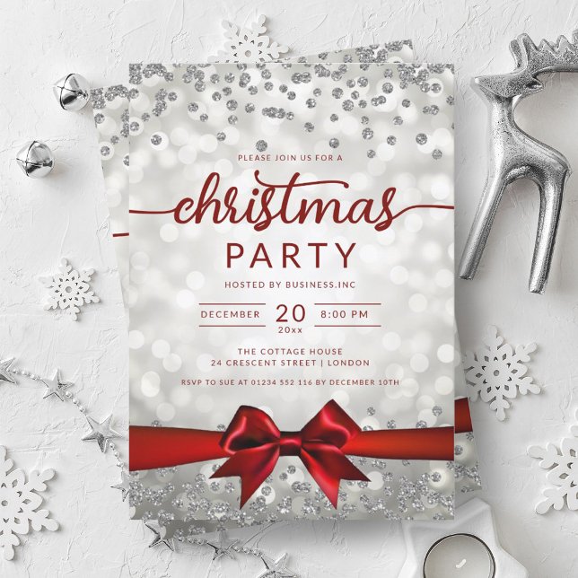 Silver Winter Glam Company Xmas Red Ribbon Einladung (Silver Winter Glam Company Xmas Red Ribbon Invitation)