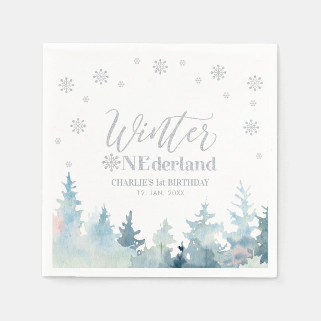 Silver Winter Onederland 1. Geburtstag Party Serviette (Vorderseite)