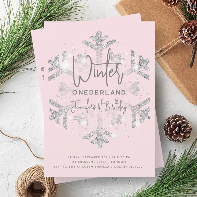 Silver Winter ONEDERLAND Geburtstag Glitzer Blush Einladung (Silver Winter ONEDERLAND Birthday Glitter Blush Invitation)