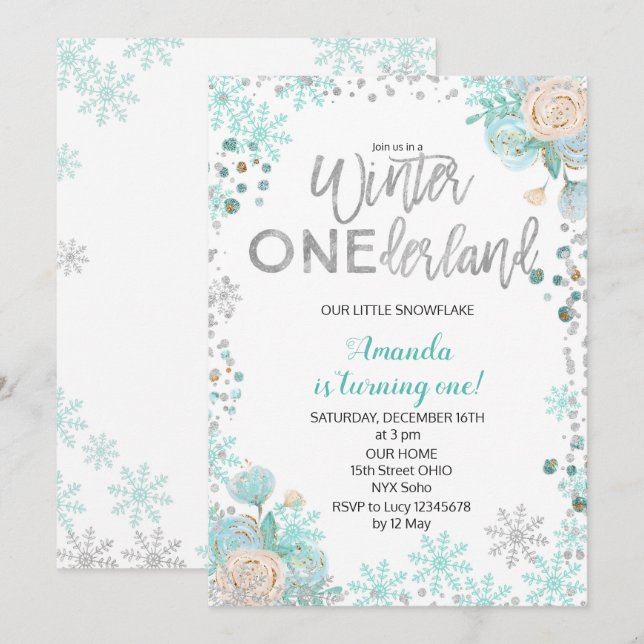 Silver Winter ONEderland Snow Birthday Invite Girl Einladung (Vorne/Hinten)