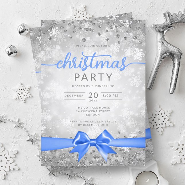 Silver Winter Snowflakes Company Blue Ribbon Einladung (Silver Winter Snowflakes Company Blue Ribbon Invitation)
