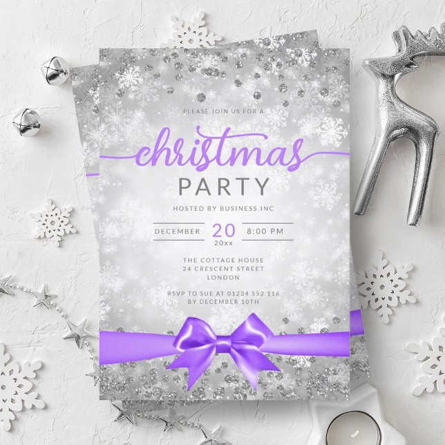 Silver Winter Snowflakes Company Lila Ribbon Einladung (Silver Winter Snowflakes Company Purple Ribbon Invitation)