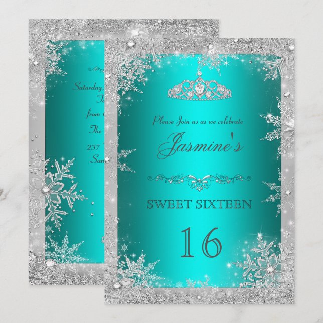 Silver Winter Wonderland aquamarin süß 16 Einladun Einladung (Vorne/Hinten)