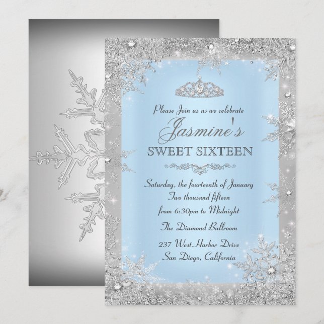 Silver Winter Wonderland Blue Sweet 16 Invitation (Devant / Derrière)