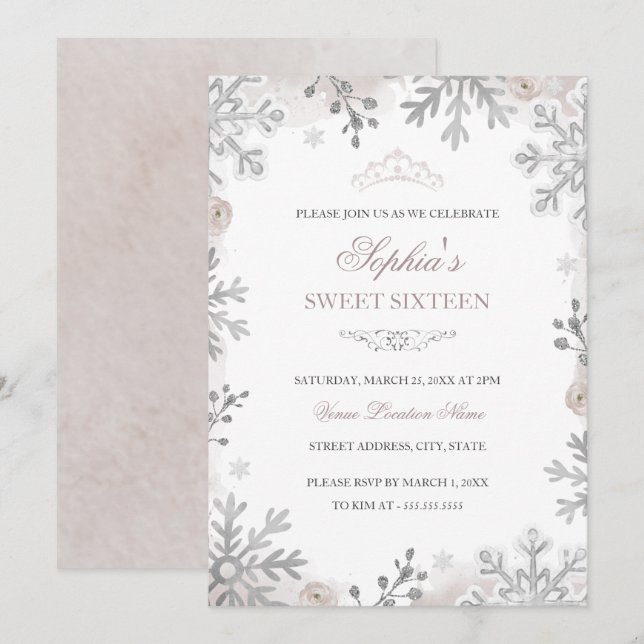 Silver Winter Wonderland Blush Sweet 16. Geburtsta Einladung (Vorne/Hinten)