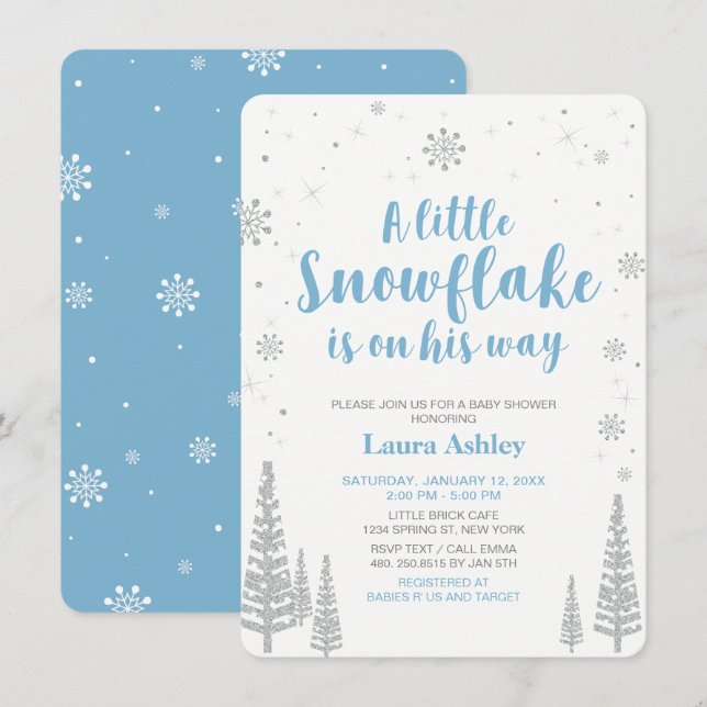 Silver Winter Wonderland, Boy Baby Dusche/Sprinkle Einladung (Vorne/Hinten)