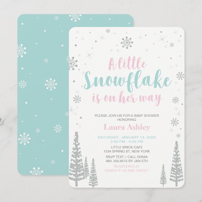 Silver Winter Wonderland, Girl Baby Dusche Einladung (Vorne/Hinten)