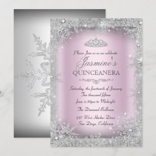 Silver Winter Wonderland Pink Quinceanera Party Einladung