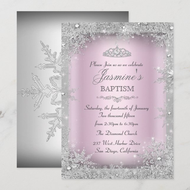 Silver Winter Wonderland Pink Taufe Christening Einladung (Vorne/Hinten)