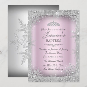 Silver Winter Wonderland Pink Taufe Christening Einladung