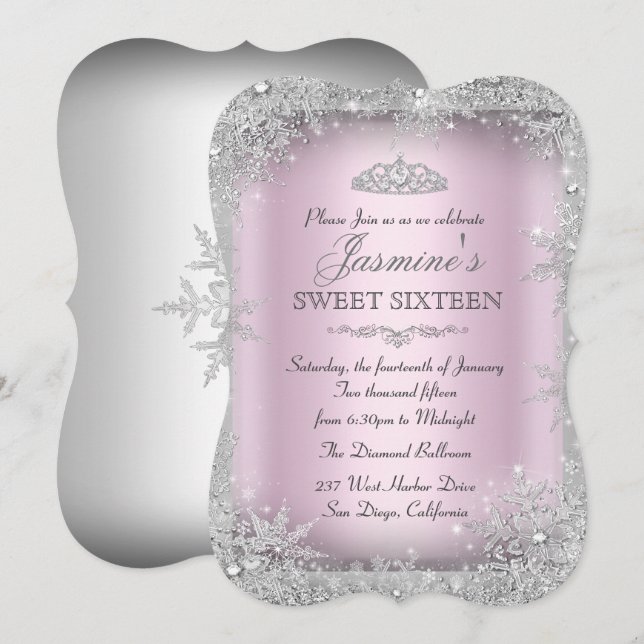 Silver Winter Wonderland Rose Sweet 16 Invitation  (Devant / Derrière)