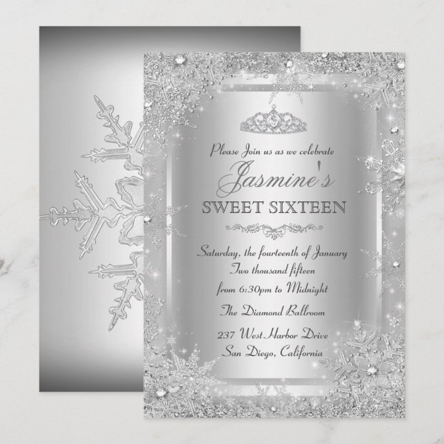 Silver Winter Wonderland Sweet 16 Einladung (Vorne/Hinten)