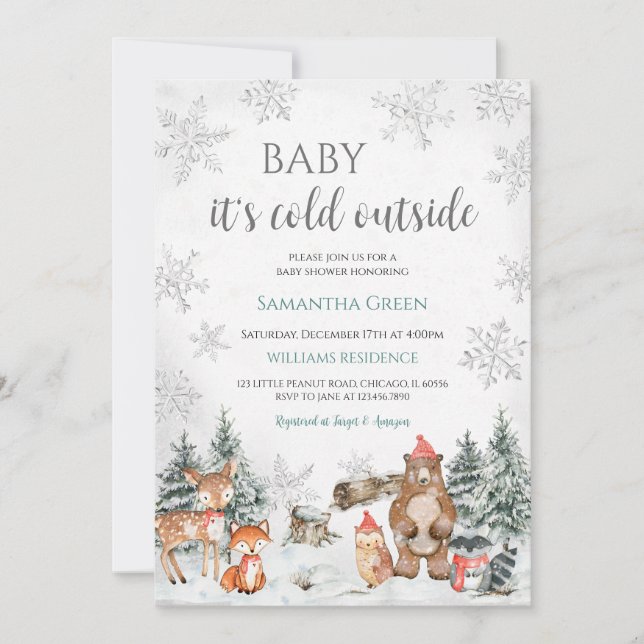 Silver Winter Woodland Babydusche Einladung (Vorderseite)