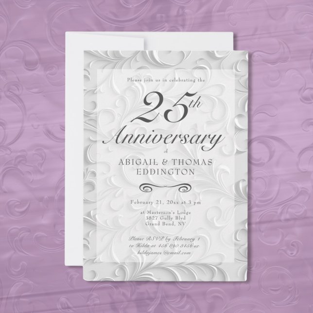 Silver Wirbel Einladung zum 25. Hochzeitstag (Silver Swirls (Damask) 25th Wedding Anniversary Invitation)
