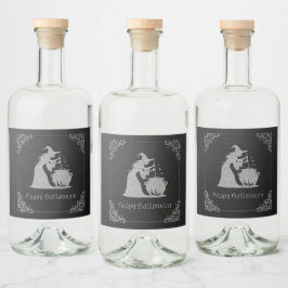 Silver Witch & Cauldron Halloween Alkoholflaschenetikett