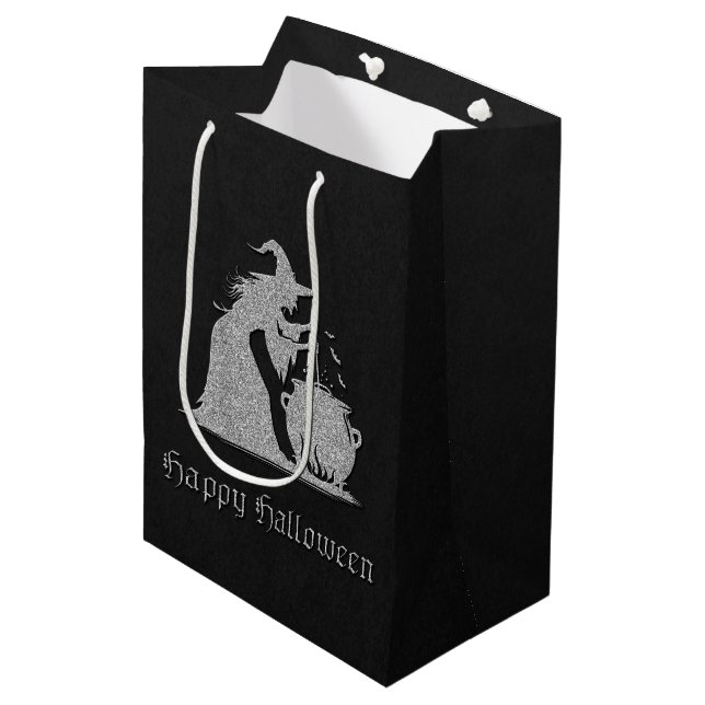Silver Witch & Cauldron Halloween Mittlere Geschenktüte (Vorderseite Schrägansicht)
