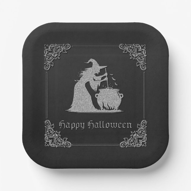 Silver Witch & Cauldron Halloween Pappteller (Vorderseite)
