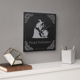 Silver Witch & Cauldron Halloween Quadratische Wanduhr