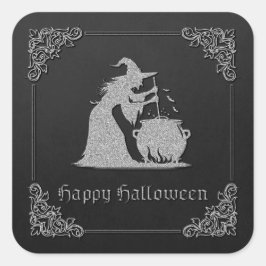 Silver Witch & Cauldron Halloween Quadratischer Aufkleber