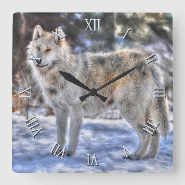 Silver Wolf & Snow Wildlife Foto Clock Quadratische Wanduhr (Vorderseite)