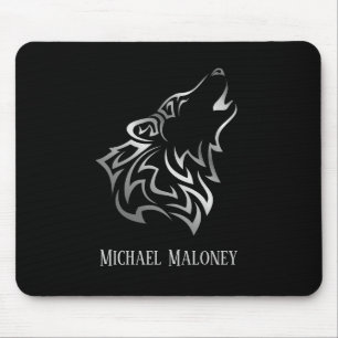 Silver Wolf Vector Tribal Monogram Black Mousepad