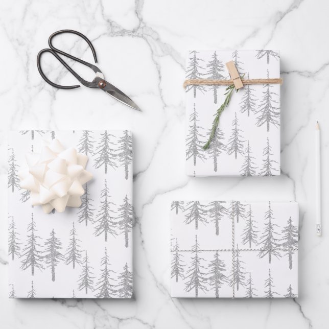 Silver Woodland Scraggy Sparse Spruce Tree Forest Geschenkpapier Set (Vorderseite)