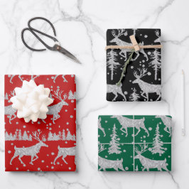 Silver Woodland Stag Spruce Forest Red Green Black Geschenkpapier Set