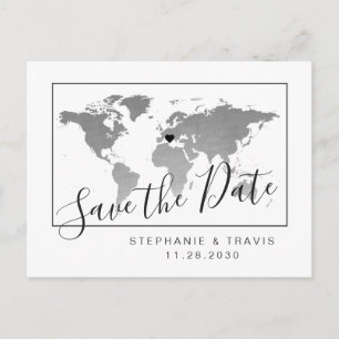 Silver World Map Modern Save the Date Postcard Ankündigungspostkarte