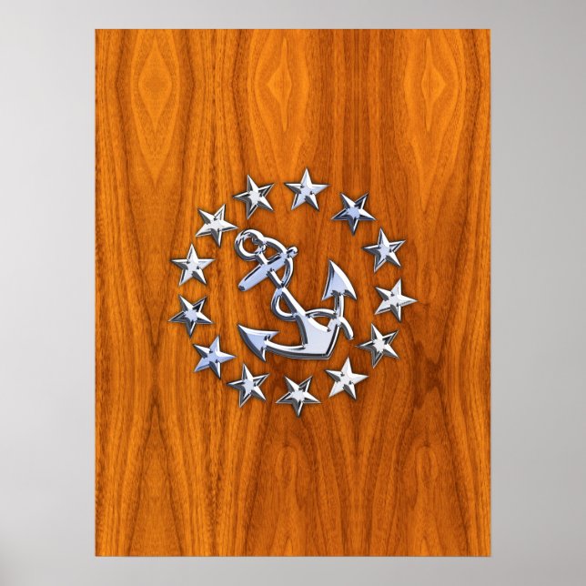 Silver Yacht Flag auf Nautical Teak Wood Print Poster (Vorne)