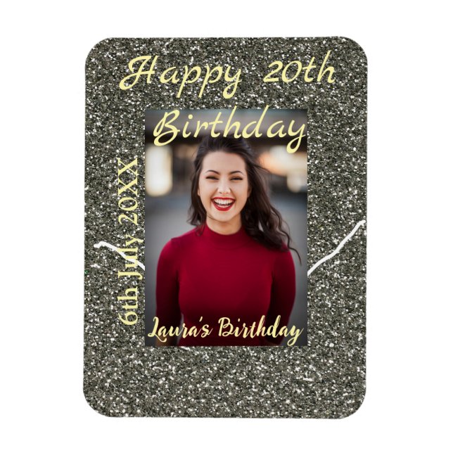 Silverglitter Foto 20. Geburtstag Namensdatum hinz Magnet (Vertikal)