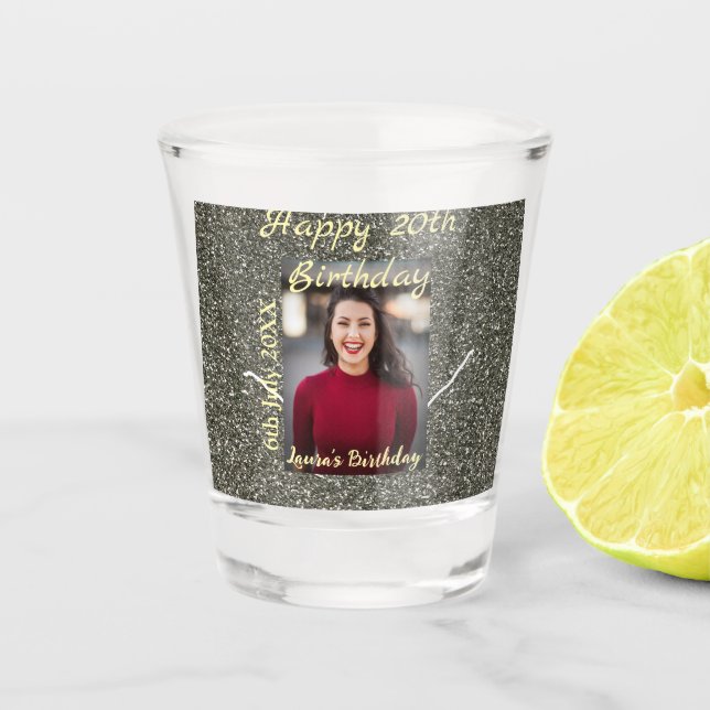 Silverglitter Foto 20. Geburtstag Namensdatum hinz Schnapsglas (Vorderseite)