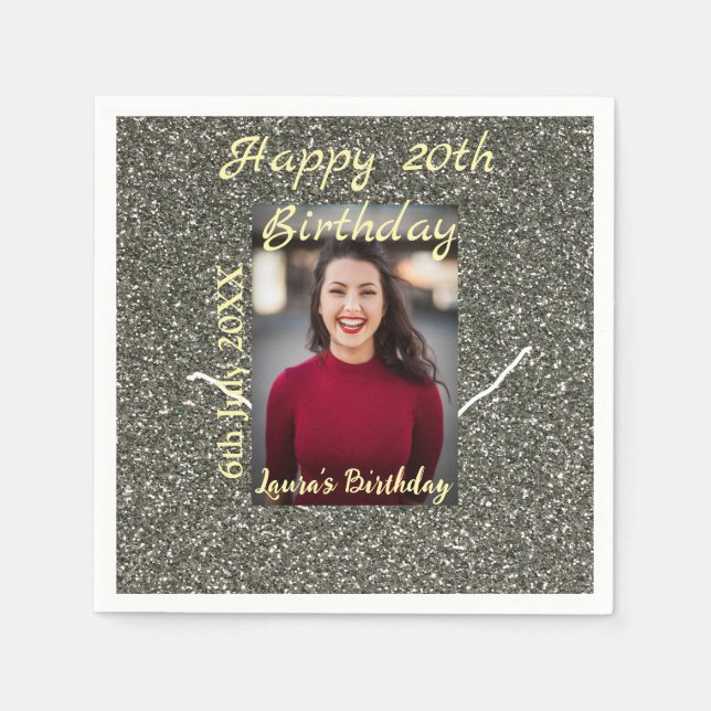 Silverglitter Foto 20. Geburtstag Namensdatum hinz Serviette (Vorderseite)